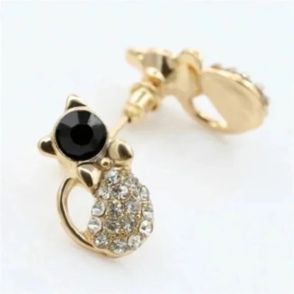 NEW Cat Stud Earrings – Black & Gold Cute Jewelry - Picture 2 of 2